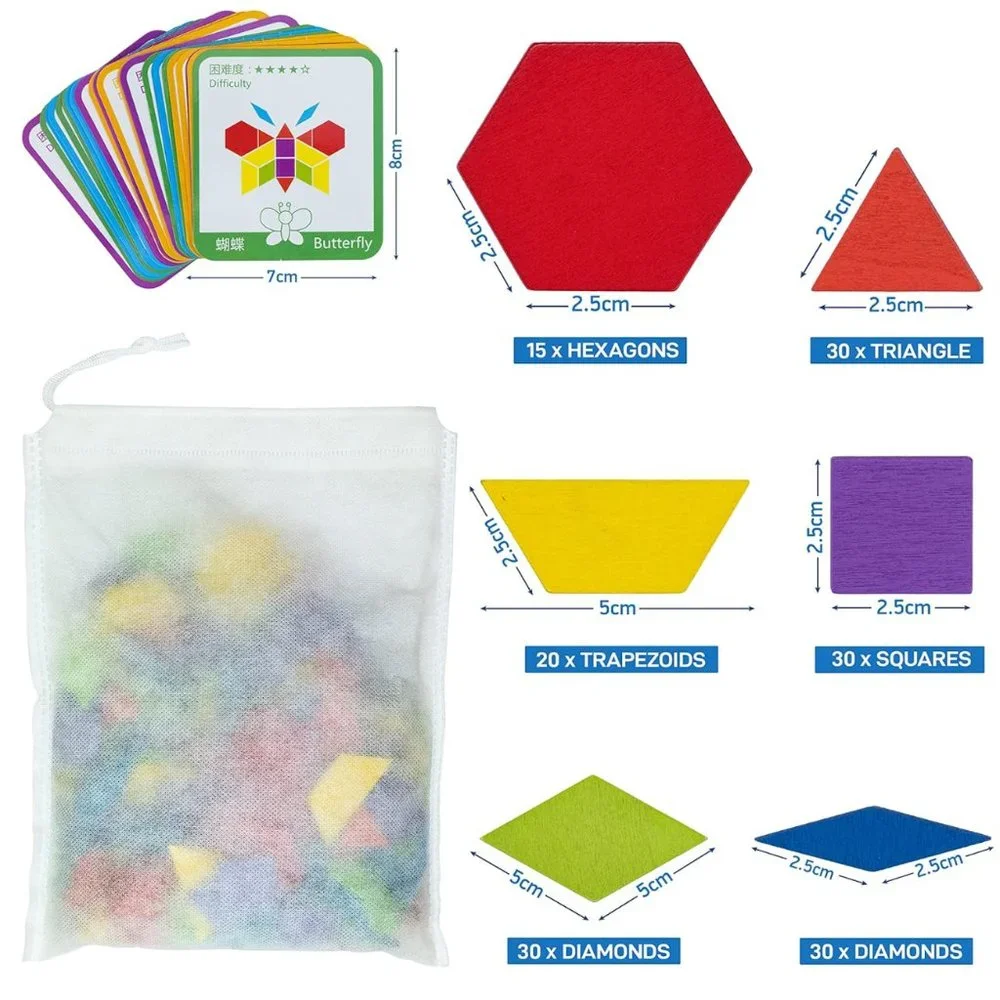 155 Pcs Wooden Pattern Blocks with 24 Design Cards